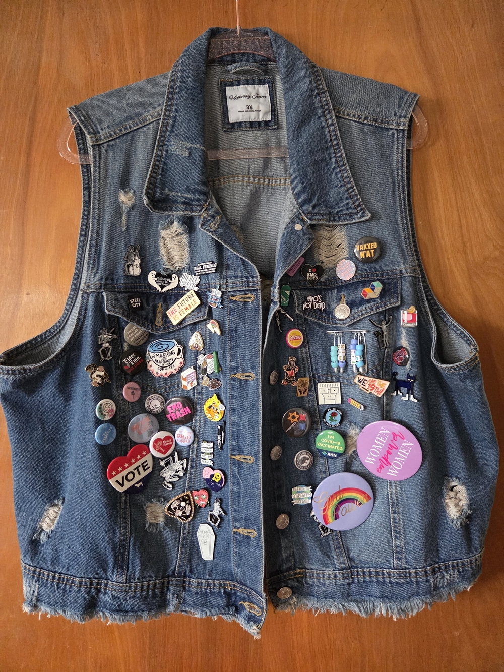 Distressed Denim Pin Vest with Pop Punk Emo Political Enamel Pins/Buttons